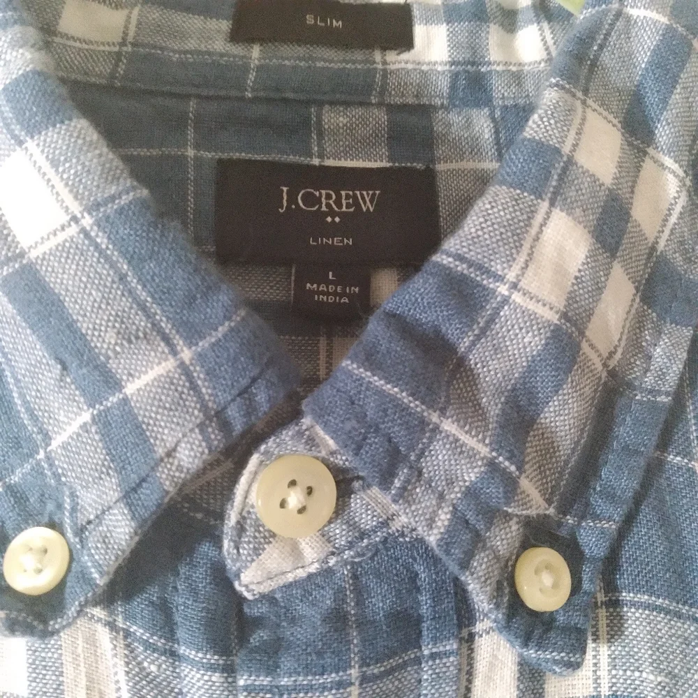 J. Crew Linen Mens Button Down Shirt Blue Plaid Preppy Nautical Summer Large‎